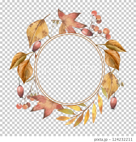 Fall seasonal frame with colorful leaves and red berries watercolor illustration. Hand drawn autumn floral banner, harvest season botanical art for label,logo, poster design 124232211
