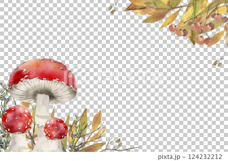 Autumn forest floral banner with red agaric mushrooms, berries and colorful leaves. Hand drawn botanical frame with fungus and leaves for fall season poster, packing, card design 124232212