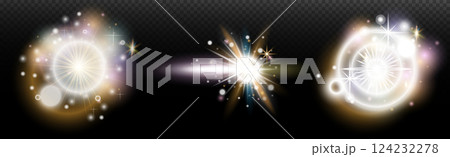 Set of flash light effect with glare and glow on a transparent background. Magic, rainbow glow, shining light, stars, optical flares for design, photomontage, New Year and holiday projects. 124232278