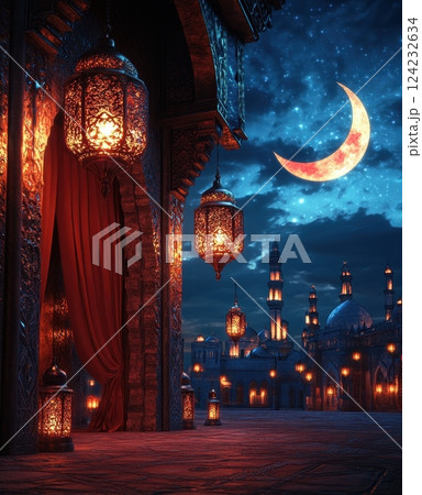 Enchanted Evening with Lanterns and Crescent Moon in Mystical City 124232634