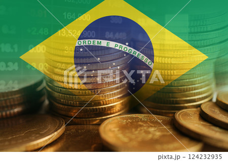 Brazil flag with stock market finance, economy trend graph digital technology. 124232935