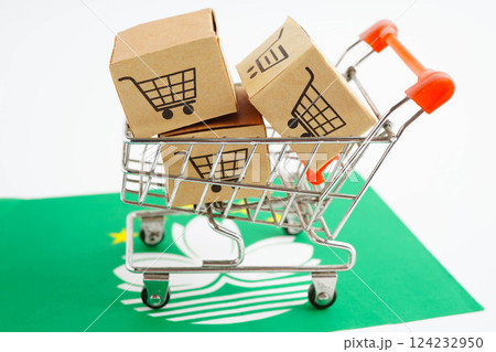 Online shopping, Shopping cart box on Macao Special Administrative Region flag, import export, finance commerce. 124232950