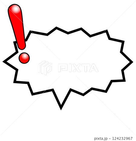 テカリ有る赤い左側のビックリマーク付きジグザグ型の横長吹き出し 124232967