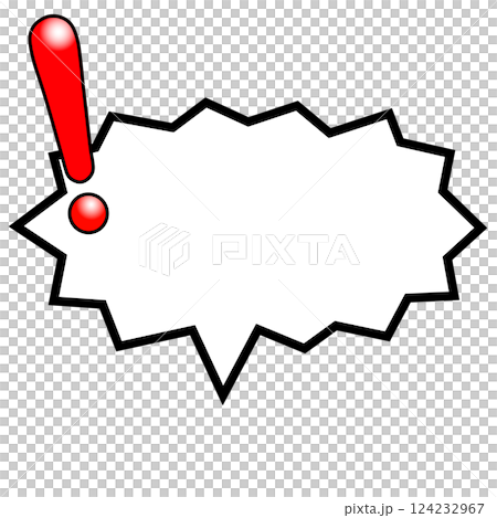 テカリ有る赤い左側のビックリマーク付きジグザグ型の横長吹き出し 124232967
