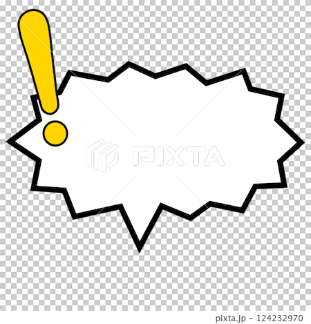 A horizontal, yellow, solid-colored speech bubble with a zigzag shape and an exclamation mark on the left A horizontal, yellow, solid-colored speech bubble with a zigzag shape and an exclamation mark on the left 124232970