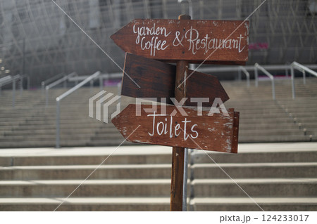 Wooden Signpost with Directions to Coffee and Toilets in the Park 124233017