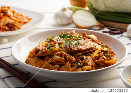Stir Fried Kimchi with Pork.Stir fry sliced pork loin with cabbage kimchi in white plate. Stir Fried Kimchi with Pork.Stir fry sliced pork loin with cabbage kimchi in white plate. 124233136