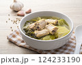 Pickled lettuce soup with pork spare ribs in white bowl 124233190
