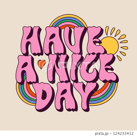 Groovy slogan. Psychedelic retro lettering with retro hippie sun and rainbow symbols, 60s vintage motivation sticker. Vector hippy text illustration 124233412