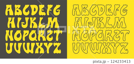Hippie font. Psychedelic retro alphabet with 60s hippy distortion style, modern bold typeface for fashion t-shirt design, logo or poster. Vector font glyphs set 124233413