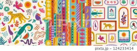 Exotic patchwork. Seamless print of tropical flowers animals and leaves, abstract tropic floral geometric shapes with jungle safari motifs. Vector boho texture 124233414