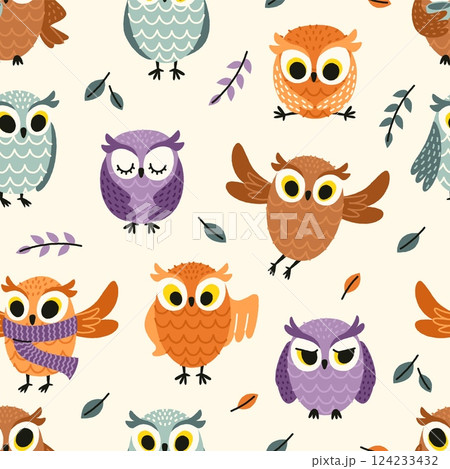 Cute owl pattern. Seamless print of cartoon forest baby owl birds, childish background with funny animals for wrapping paper fabric textile. Vector bird texture 124233432