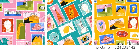 Summer stamp pattern. Seamless travel post mail stickers, print of retro postmark with cartoon vacation symbols, tourist postage label design. Vector stamps texture Summer stamp pattern. Seamless travel post mail stickers, print of retro postmark with cartoon vacation symbols, tourist postage label design. Vector stamps texture 124233442