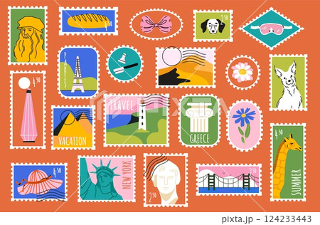 Travel sticker stamp. Vintage postcard label, retro postal stamps with country landmarks, cute post mail stickers with famous architecture for travel tour design. Vector collection 124233443