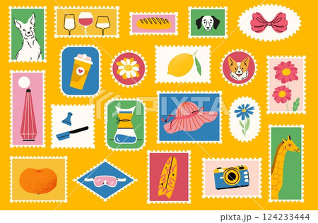 Summer travel stamp. Cartoon vacation postcard stamps, cute retro tourist mail label sticker with doodle dogs flowers and drinks. Vector postal perforated frames set 124233444