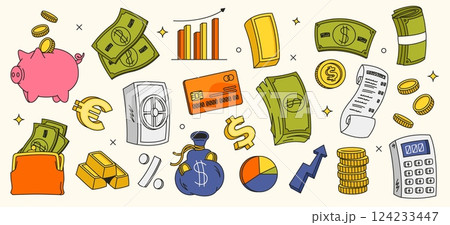 Retro finance sticker. Cartoon 90s money coin gold savings and budget, financial management icons, Y2k doodle credit card, piggy bank, cash and wallet. Vector money isolated set 124233447