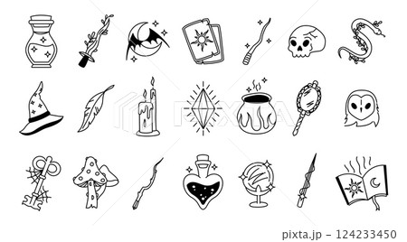 Magic icons. Which tarot wizard astrology mystery symbols, cartoon magician crystal bottle potion cauldron alchemy esoteric witchcraft objects. Vector magic isolated set Magic icons. Which tarot wizard astrology mystery symbols, cartoon magician crystal bottle potion cauldron alchemy esoteric witchcraft objects. Vector magic isolated set 124233450