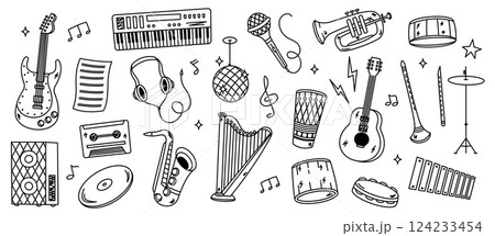 Doodle music instrument icons. Hand drawn funny guitar piano saxophone trumpet, childish sketchy musician melody tools elements. Vector instruments isolated set Doodle music instrument icons. Hand drawn funny guitar piano saxophone trumpet, childish sketchy musician melody tools elements. Vector instruments isolated set 124233454