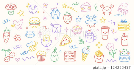 Cute colorful kid icon. Doodle children elements, cartoon childish characters with funny baby faces fast food and fruits, kindergarten animals, preschool kids color drawings. Vector isolated set Cute colorful kid icon. Doodle children elements, cartoon childish characters with funny baby faces fast food and fruits, kindergarten animals, preschool kids color drawings. Vector isolated set 124233457