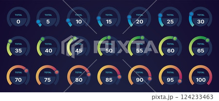 Circle chart percent. Pie graph with percentage numbers, round infographic elements for business presentation, statistic report percent step diagram. Vector set 124233463