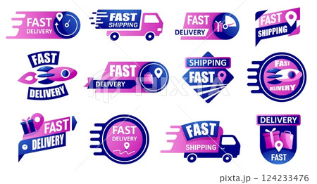 Free shipping emblem. Delivery service badge with truck, rocket, cargo and zero price tag, fast and free shipment promotion stickers. Vector delivery icon set Free shipping emblem. Delivery service badge with truck, rocket, cargo and zero price tag, fast and free shipment promotion stickers. Vector delivery icon set 124233476