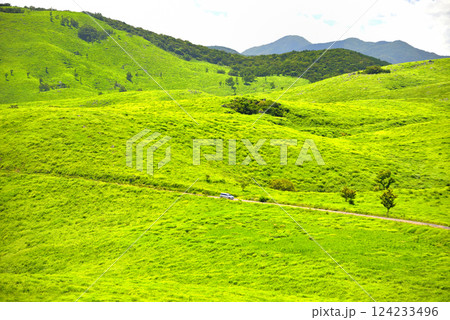 中国地方・秋吉台・秋吉台カルストロード、草原を快適に走り抜ける車、美東展望所より・山口県美弥市(6) 124233496