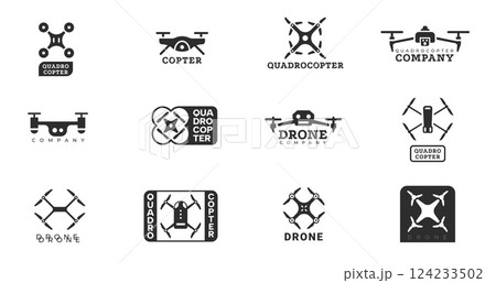 Drone logo. Business unmanned quadcopter aircraft with propellers, modern aerial vehicle technology for photography delivery surveillance, flat design. Vector drones set 124233502
