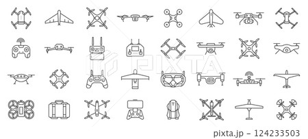 Drone line icons. Aviation unmanned controlled aircraft with camera, copter drones with wireless control, battery and propellers. Vector set of flying robot drone vehicles Drone line icons. Aviation unmanned controlled aircraft with camera, copter drones with wireless control, battery and propellers. Vector set of flying robot drone vehicles 124233503