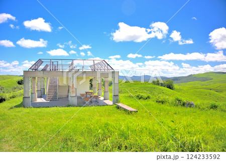 中国地方・秋吉台・秋吉台カルストロードとカルスト台地を一望する絶景ポイント、美東展望所・山口県美弥市 124233592