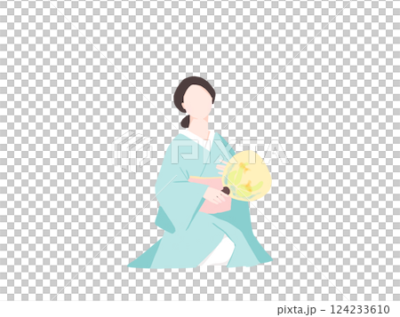 一位穿著和服的女子用扇子搧風 124233610