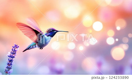 brilliant hummingbird hovering near vibrant flowers, showcasing its iridescent feathers against dreamy, colorful background. scene evokes sense of wonder and beauty 124233890