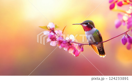 colorful hummingbird perched elegantly on branch adorned with pink flowers, showcasing its vibrant plumage against soft, blurred background. scene evokes sense of tranquility and beauty in nature 124233891