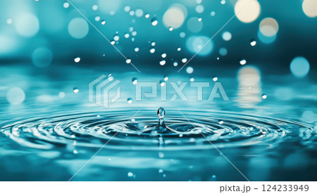 Droplets of water create ripples in serene blue environment 124233949