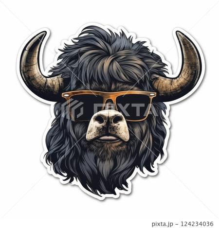 Stylish Yak with Sunglasses and Fluffy Fur for Fun Designs 124234036