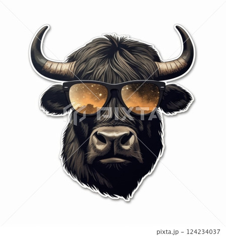 Cool Bull Wearing Sunglasses with Stylish Reflections in Lenses 124234037