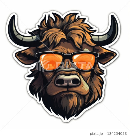 Cool Bull with Sunglasses, Art Illustration of a Highland Cow 124234038