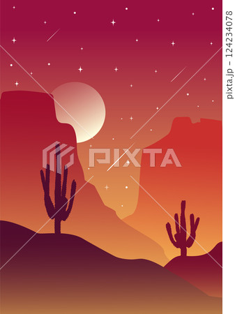 Vector american valley illustration. Rocky Desert morning landscape art. Sunset in Arizona Vector american valley illustration. Rocky Desert morning landscape art. Sunset in Arizona 124234078