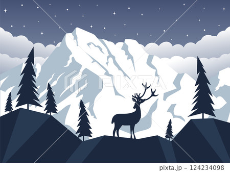 Vintage retro American mountains. National park for outdoor adventure 2d Illustration. Winter Alps forest 124234098