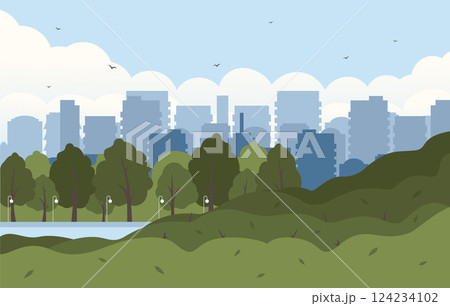 Hello spring banner. Happy spring day. Springtime panorama flat cartoon style banner. April city park Hello spring banner. Happy spring day. Springtime panorama flat cartoon style banner. April city park 124234102