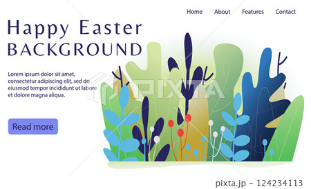 Landscape spring garden Easter banner. Poster for Easter holidays on white background. Springtime 124234113