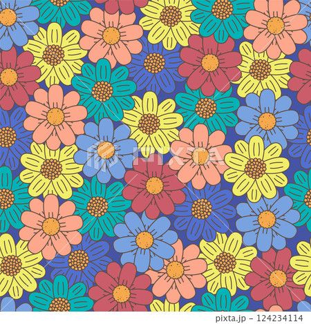 Colorful daisy flowers summer seamless pattern. Flourish art on blue background. Floral Easter 124234114