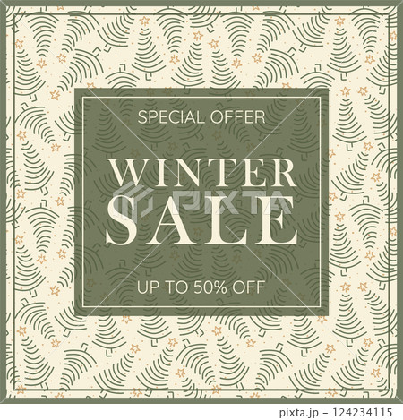 Winter sale green banner. Hello Winter season, cartoon vector template for promotion, greeting card, flyer 124234115