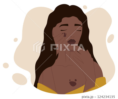 Woman with oncology problem illustration. Skin cancer and melanoma awareness month woman screening 124234135