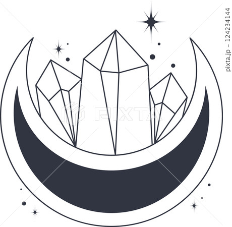 Bohemian linear logo icon symbol. Line art healing crystal and moon concept of esoteric elements 124234144
