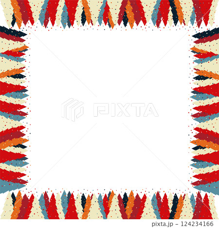 Colorful snowy pine tree frame. Festive greeting template with Christmas tree elements. Bright borde Colorful snowy pine tree frame. Festive greeting template with Christmas tree elements. Bright borde 124234166
