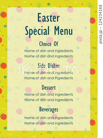 Menu template with decorative floral frame. Easter menu template. Floral elegant restaurant template Menu template with decorative floral frame. Easter menu template. Floral elegant restaurant template 124234168