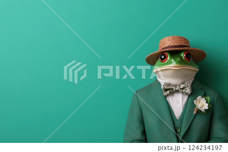 Dapper frog in sophisticated green suit with straw hat and bowtie 124234197