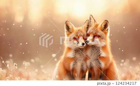 Two foxes cuddling together in warm, soft forest backdrop, radiating love Two foxes cuddling together in warm, soft forest backdrop, radiating love 124234217