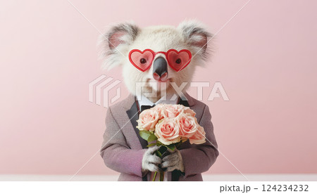 Happy koala in tuxedo holding roses with heart shaped glasses 124234232