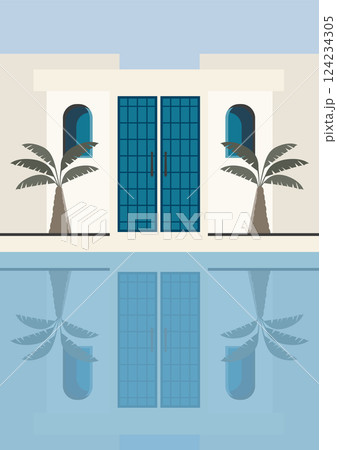Greek town view flat color vector illustration. Summer holiday in Greece. Mediterranean European culture 124234305